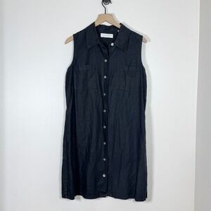 Valerie Stevens Womens Linen Shirt Dress Size 10 Black Sleeveless Minimalist